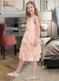 Kylie A-Line Scoop Neck Knee-Length Chiffon Junior Bridesmaid Dress With Beading Sequins Cascading Ruffles STIP0013565