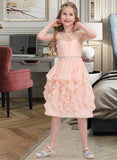 Kylie A-Line Scoop Neck Knee-Length Chiffon Junior Bridesmaid Dress With Beading Sequins Cascading Ruffles STIP0013565