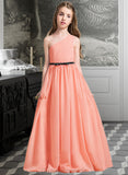 Cristal A-Line One-Shoulder Floor-Length Chiffon Junior Bridesmaid Dress With Ruffle Bow(s) STIP0013570