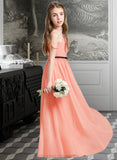 Cristal A-Line One-Shoulder Floor-Length Chiffon Junior Bridesmaid Dress With Ruffle Bow(s) STIP0013570