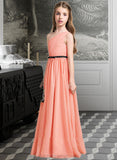 Cristal A-Line One-Shoulder Floor-Length Chiffon Junior Bridesmaid Dress With Ruffle Bow(s) STIP0013570