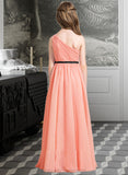 Cristal A-Line One-Shoulder Floor-Length Chiffon Junior Bridesmaid Dress With Ruffle Bow(s) STIP0013570