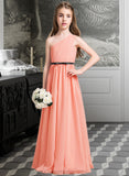 Cristal A-Line One-Shoulder Floor-Length Chiffon Junior Bridesmaid Dress With Ruffle Bow(s) STIP0013570