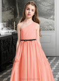 Cristal A-Line One-Shoulder Floor-Length Chiffon Junior Bridesmaid Dress With Ruffle Bow(s) STIP0013570