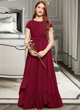 Skylar A-Line Scoop Neck Floor-Length Chiffon Junior Bridesmaid Dress With Appliques Lace Bow(s) Cascading Ruffles STIP0013573