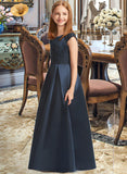 Madeline A-Line Scoop Neck Floor-Length Satin Lace Junior Bridesmaid Dress With Beading Sequins Bow(s) STIP0013574