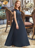 Madeline A-Line Scoop Neck Floor-Length Satin Lace Junior Bridesmaid Dress With Beading Sequins Bow(s) STIP0013574