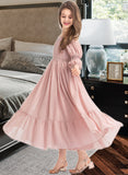 Martina A-Line Square Neckline Ankle-Length Chiffon Junior Bridesmaid Dress With Ruffle Lace STIP0013575