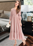 Martina A-Line Square Neckline Ankle-Length Chiffon Junior Bridesmaid Dress With Ruffle Lace STIP0013575