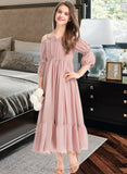 Martina A-Line Square Neckline Ankle-Length Chiffon Junior Bridesmaid Dress With Ruffle Lace STIP0013575