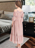 Martina A-Line Square Neckline Ankle-Length Chiffon Junior Bridesmaid Dress With Ruffle Lace STIP0013575