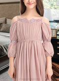 Martina A-Line Square Neckline Ankle-Length Chiffon Junior Bridesmaid Dress With Ruffle Lace STIP0013575