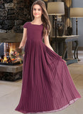 June A-Line Square Neckline Floor-Length Chiffon Junior Bridesmaid Dress With Lace Bow(s) Pleated STIP0013576