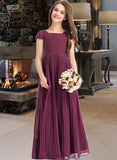 June A-Line Square Neckline Floor-Length Chiffon Junior Bridesmaid Dress With Lace Bow(s) Pleated STIP0013576