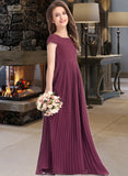 June A-Line Square Neckline Floor-Length Chiffon Junior Bridesmaid Dress With Lace Bow(s) Pleated STIP0013576