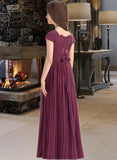 June A-Line Square Neckline Floor-Length Chiffon Junior Bridesmaid Dress With Lace Bow(s) Pleated STIP0013576