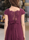 June A-Line Square Neckline Floor-Length Chiffon Junior Bridesmaid Dress With Lace Bow(s) Pleated STIP0013576