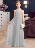 Lucy A-Line V-neck Floor-Length Chiffon Lace Junior Bridesmaid Dress STIP0013579