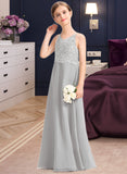 Lucy A-Line V-neck Floor-Length Chiffon Lace Junior Bridesmaid Dress STIP0013579