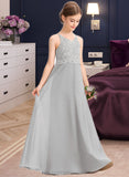 Lucy A-Line V-neck Floor-Length Chiffon Lace Junior Bridesmaid Dress STIP0013579