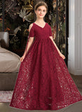 Liz A-Line V-neck Floor-Length Lace Junior Bridesmaid Dress With Ruffle Bow(s) STIP0013581