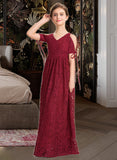 Liz A-Line V-neck Floor-Length Lace Junior Bridesmaid Dress With Ruffle Bow(s) STIP0013581