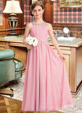 Ansley A-Line Scoop Neck Floor-Length Chiffon Lace Junior Bridesmaid Dress With Ruffle Beading Sequins STIP0013582