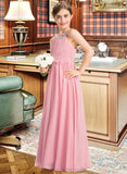 Ansley A-Line Scoop Neck Floor-Length Chiffon Lace Junior Bridesmaid Dress With Ruffle Beading Sequins STIP0013582