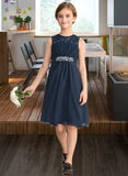 Natalya A-Line Scoop Neck Knee-Length Chiffon Lace Junior Bridesmaid Dress With Beading Sequins Bow(s) STIP0013583