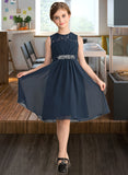 Natalya A-Line Scoop Neck Knee-Length Chiffon Lace Junior Bridesmaid Dress With Beading Sequins Bow(s) STIP0013583