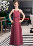 Nicole A-Line Square Neckline Floor-Length Satin Junior Bridesmaid Dress With Bow(s) STIP0013585