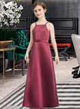 Nicole A-Line Square Neckline Floor-Length Satin Junior Bridesmaid Dress With Bow(s) STIP0013585