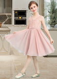 Hillary A-Line V-neck Knee-Length Chiffon Junior Bridesmaid Dress With Bow(s) STIP0013586