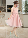 Hillary A-Line V-neck Knee-Length Chiffon Junior Bridesmaid Dress With Bow(s) STIP0013586