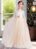 Jemima Ball-Gown/Princess Scoop Neck Floor-Length Tulle Lace Junior Bridesmaid Dress With Sash Beading Bow(s) STIP0013589