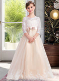 Jemima Ball-Gown/Princess Scoop Neck Floor-Length Tulle Lace Junior Bridesmaid Dress With Sash Beading Bow(s) STIP0013589