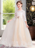 Jemima Ball-Gown/Princess Scoop Neck Floor-Length Tulle Lace Junior Bridesmaid Dress With Sash Beading Bow(s) STIP0013589