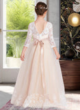 Jemima Ball-Gown/Princess Scoop Neck Floor-Length Tulle Lace Junior Bridesmaid Dress With Sash Beading Bow(s) STIP0013589