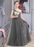 Amelie A-Line One-Shoulder Floor-Length Tulle Sequined Junior Bridesmaid Dress With Ruffle STIP0013592