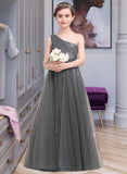 Amelie A-Line One-Shoulder Floor-Length Tulle Sequined Junior Bridesmaid Dress With Ruffle STIP0013592