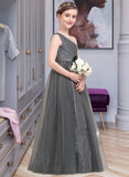 Amelie A-Line One-Shoulder Floor-Length Tulle Sequined Junior Bridesmaid Dress With Ruffle STIP0013592