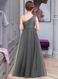 Amelie A-Line One-Shoulder Floor-Length Tulle Sequined Junior Bridesmaid Dress With Ruffle STIP0013592