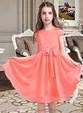 Callie A-Line Scoop Neck Knee-Length Chiffon Junior Bridesmaid Dress With Bow(s) STIP0013596