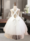 Denise Ball-Gown/Princess Sweetheart Tea-Length Satin Tulle Lace Junior Bridesmaid Dress With Bow(s) STIP0013597