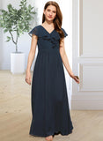 Kristina A-Line V-neck Floor-Length Chiffon Junior Bridesmaid Dress With Bow(s) Cascading Ruffles STIP0013599