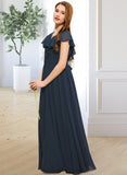 Kristina A-Line V-neck Floor-Length Chiffon Junior Bridesmaid Dress With Bow(s) Cascading Ruffles STIP0013599