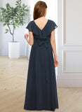 Kristina A-Line V-neck Floor-Length Chiffon Junior Bridesmaid Dress With Bow(s) Cascading Ruffles STIP0013599