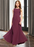 Brenna A-Line Scoop Neck Floor-Length Chiffon Lace Junior Bridesmaid Dress With Ruffle Bow(s) STIP0013600