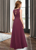 Brenna A-Line Scoop Neck Floor-Length Chiffon Lace Junior Bridesmaid Dress With Ruffle Bow(s) STIP0013600