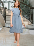 Penny A-Line Scoop Neck Knee-Length Chiffon Junior Bridesmaid Dress With Bow(s) Cascading Ruffles STIP0013601